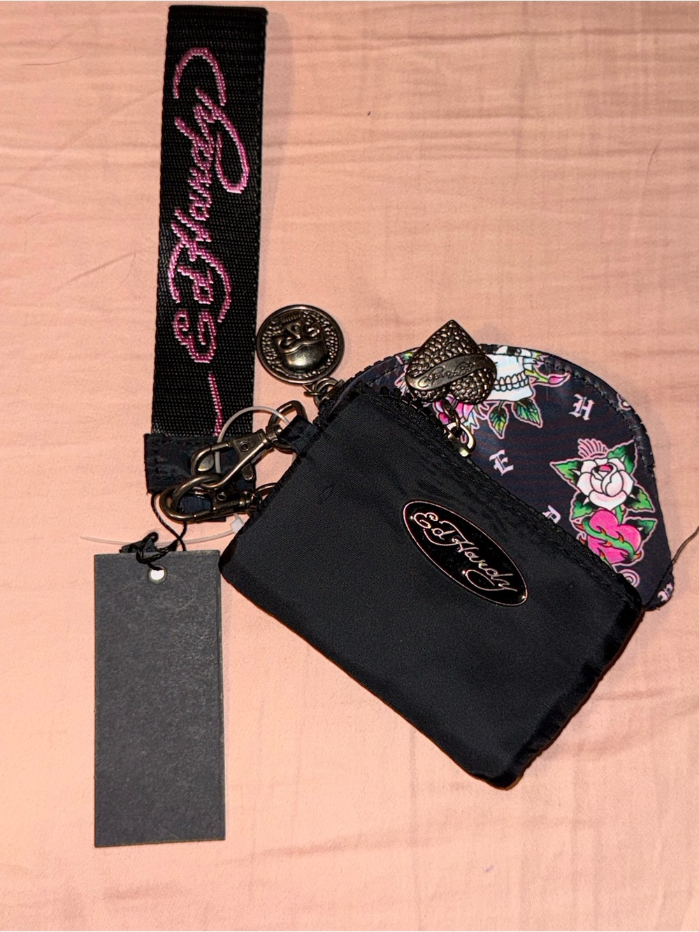 Ed Hardy Black & Pink Floral Skull Wristlet Key Card Pouch
